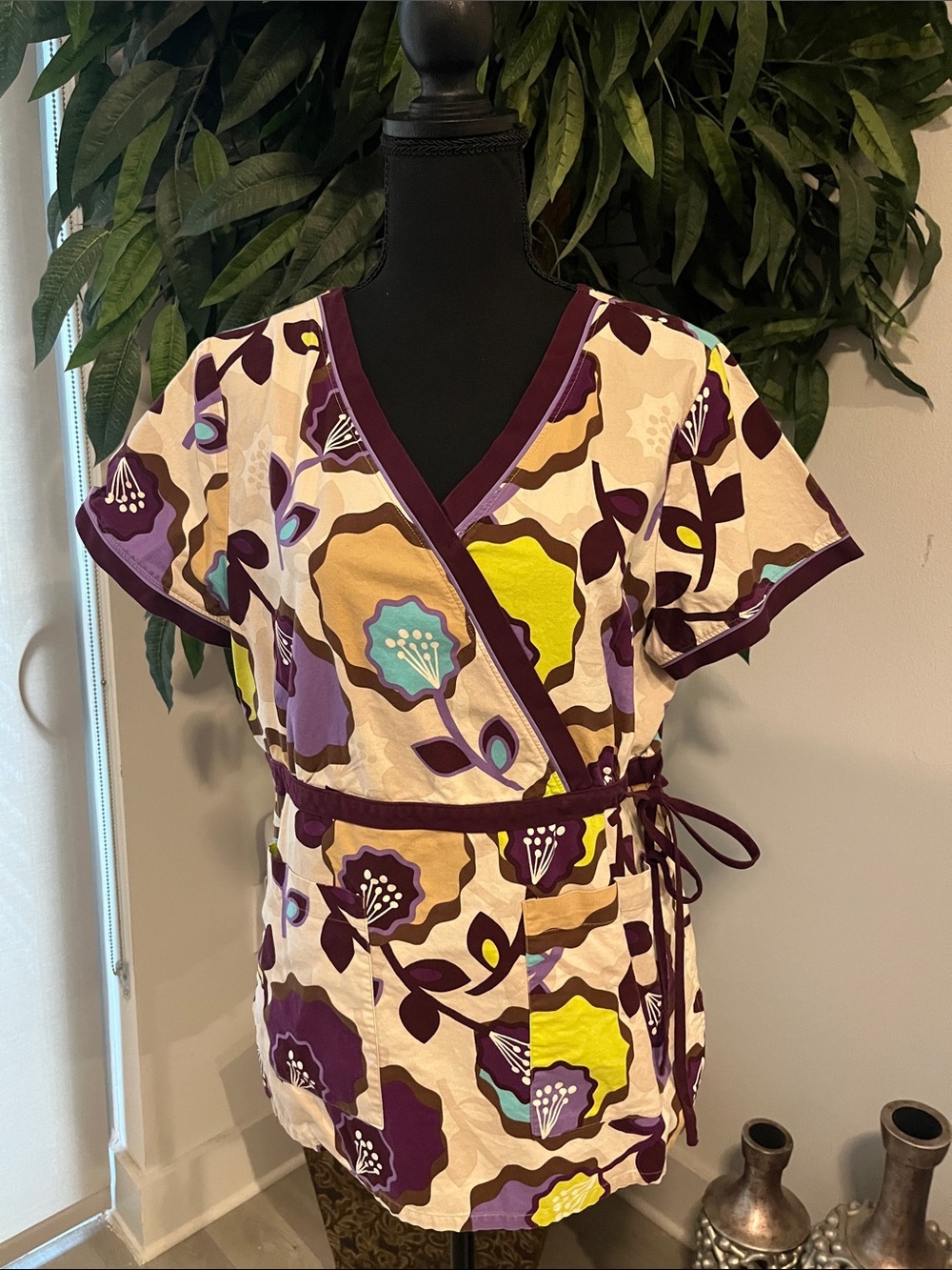 Koi Purple and Yellow Floral Scrub Top with Pink Trim